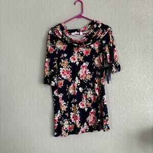 Flutter and Kick Maternity Shirt Large Blue Pink Floral Cowl Neck 3/4‎ Sleeve